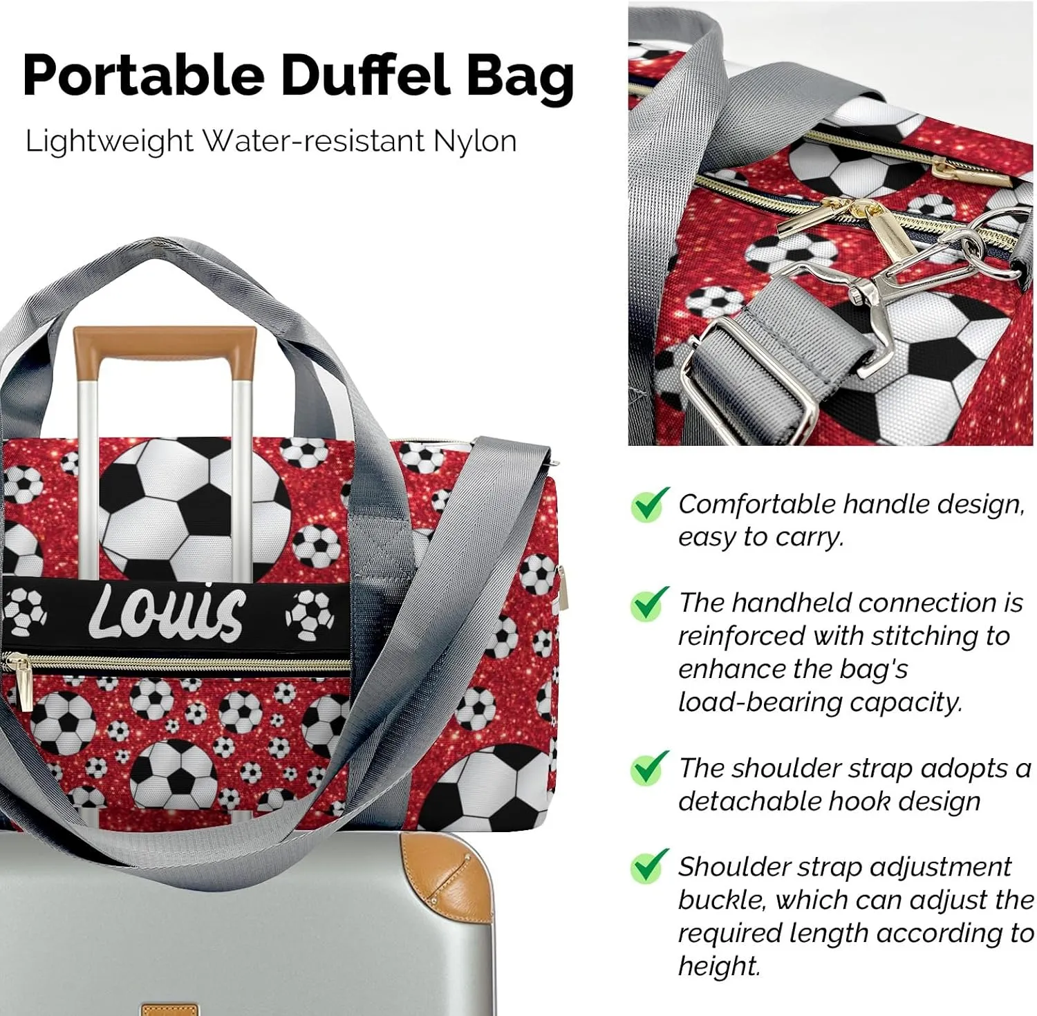 Custom Duffel Overnight Travel Bag for Sports Workout Girls Boys,Glitter Red Balls Soccer Personalized Duffle Bag Gifts