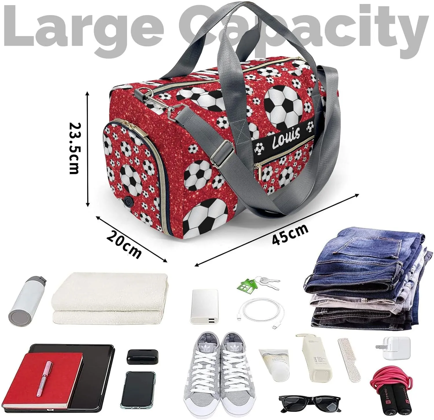 Custom Duffel Overnight Travel Bag for Sports Workout Girls Boys,Glitter Red Balls Soccer Personalized Duffle Bag Gifts
