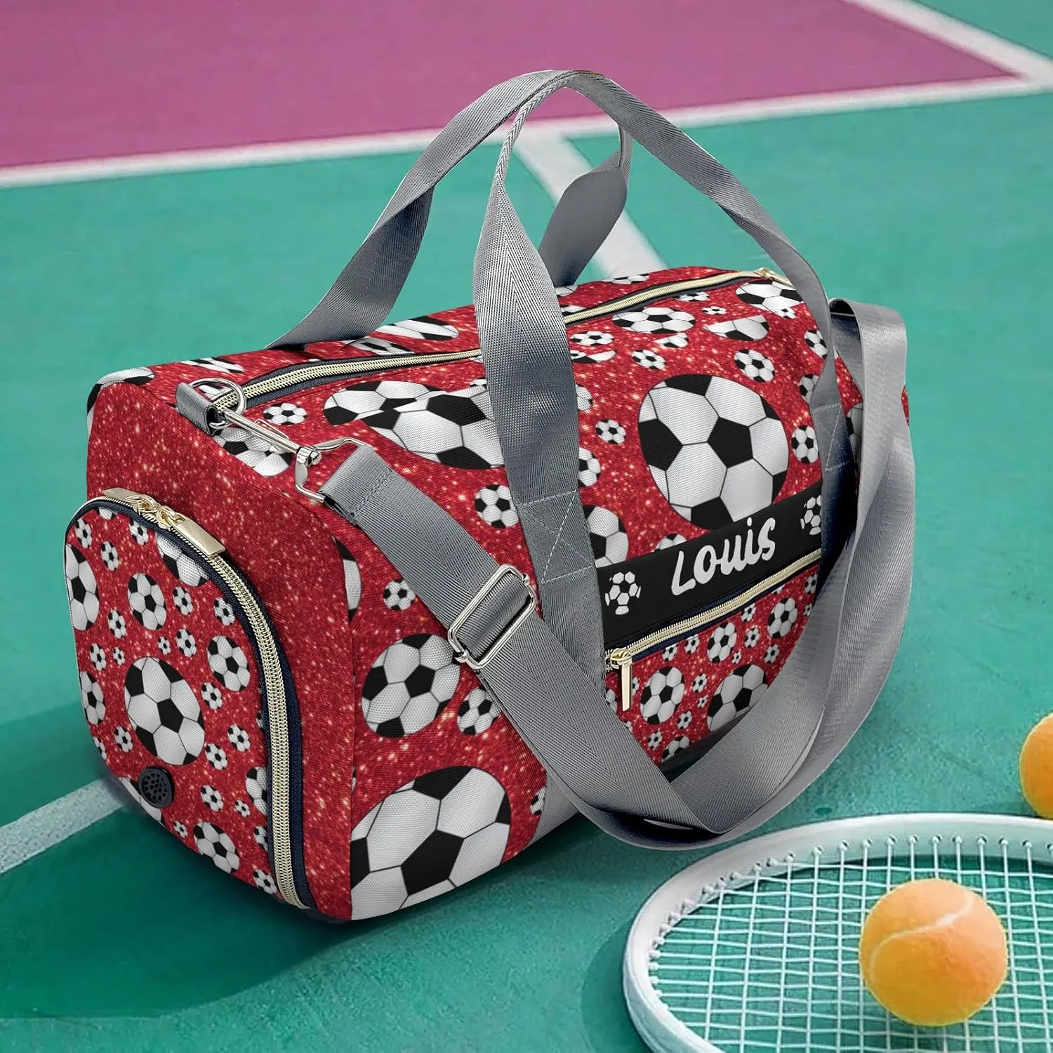 Custom Duffel Overnight Travel Bag for Sports Workout Girls Boys,Glitter Red Balls Soccer Personalized Duffle Bag Gifts