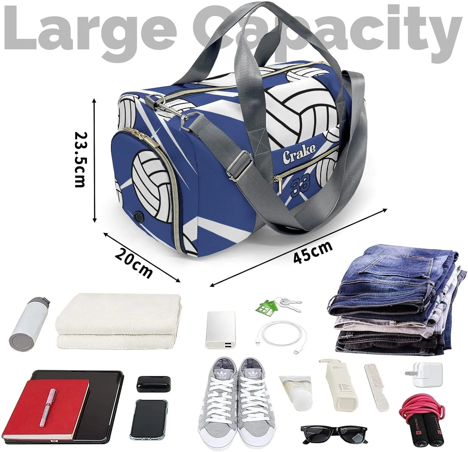 Custom Duffel Overnight Travel Bag for Sports Workout Girls Boys,Team Volleyball Royal Personalized Duffle Bag Gifts