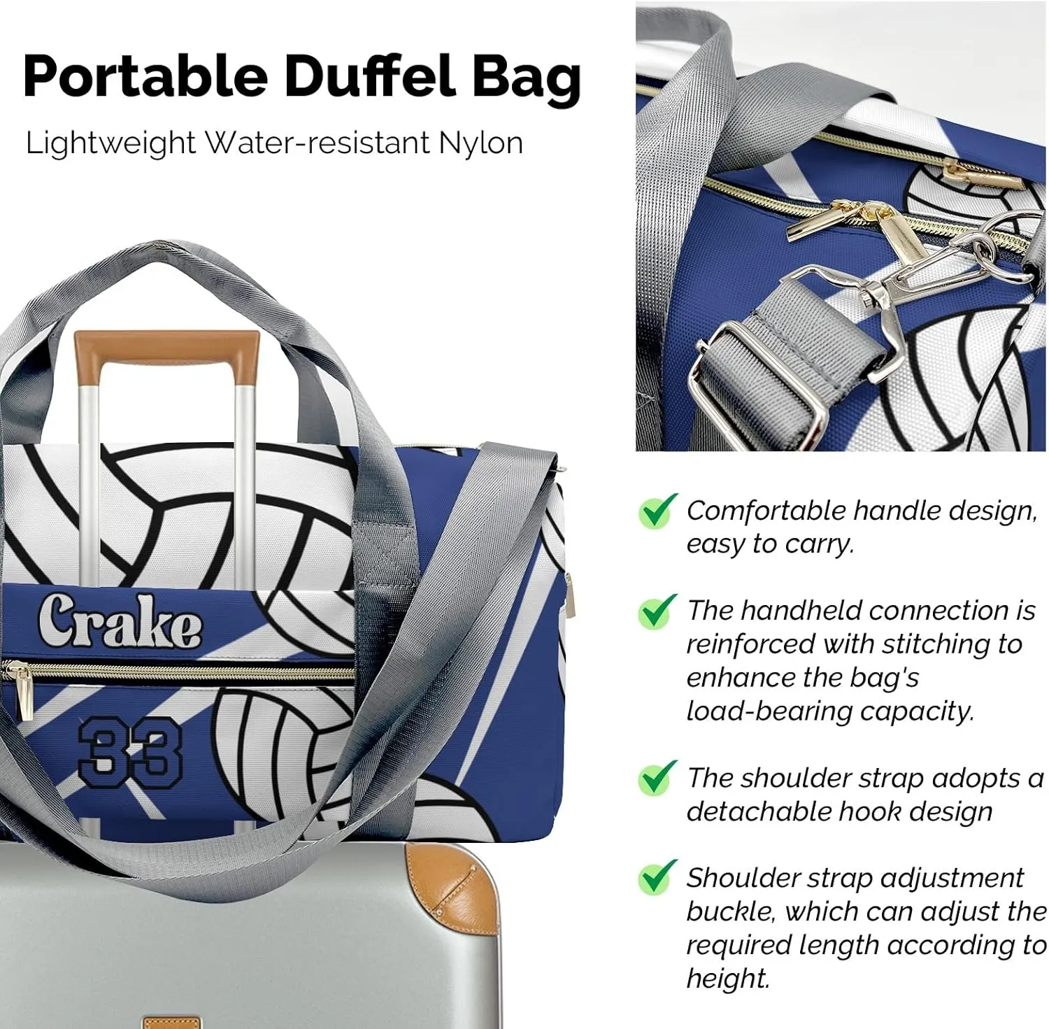 Custom Duffel Overnight Travel Bag for Sports Workout Girls Boys,Team Volleyball Royal Personalized Duffle Bag Gifts