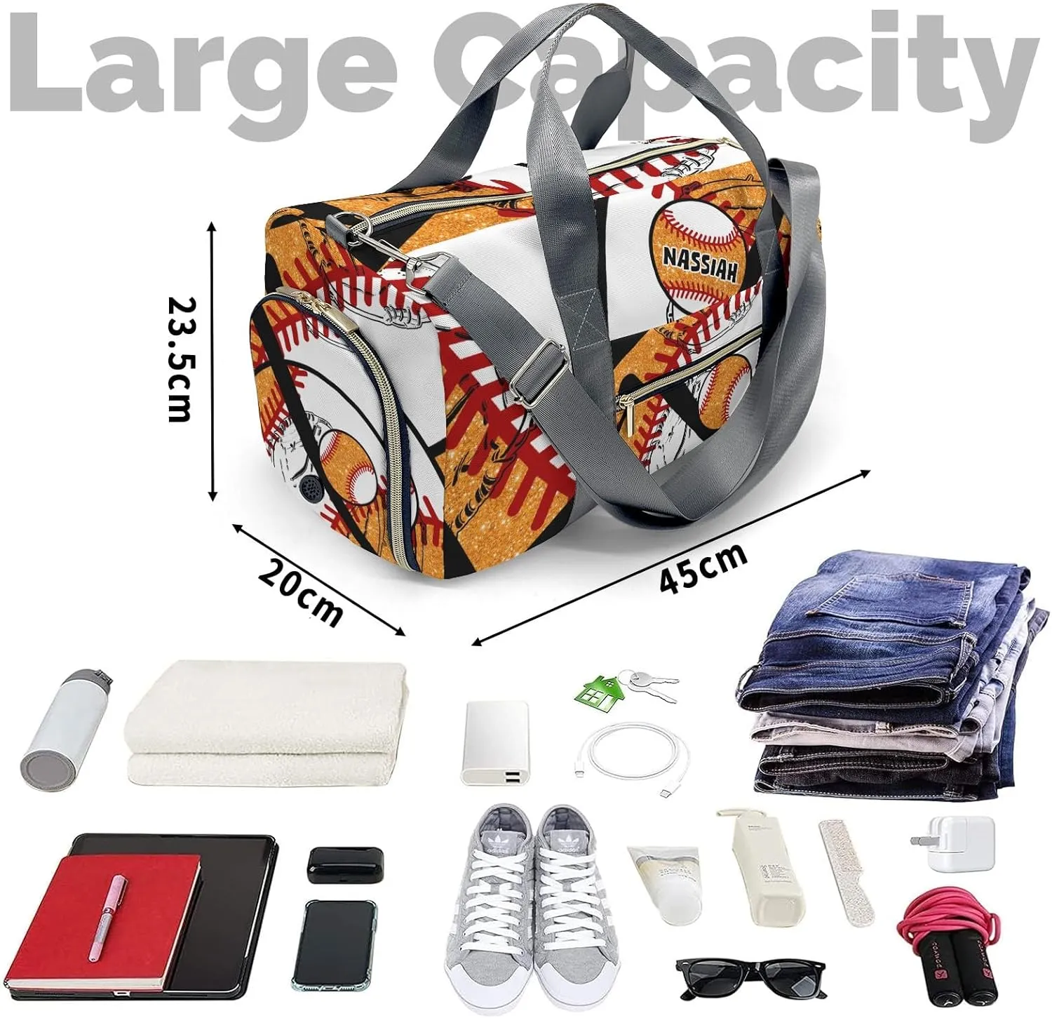Custon Name Baseball Team Player Orange Gym Sport Yoga Duffel Bag Sport Player Travel Bag,Sport Gym Bag Personalized Gift for Travel Hand Bag Carry on Bag