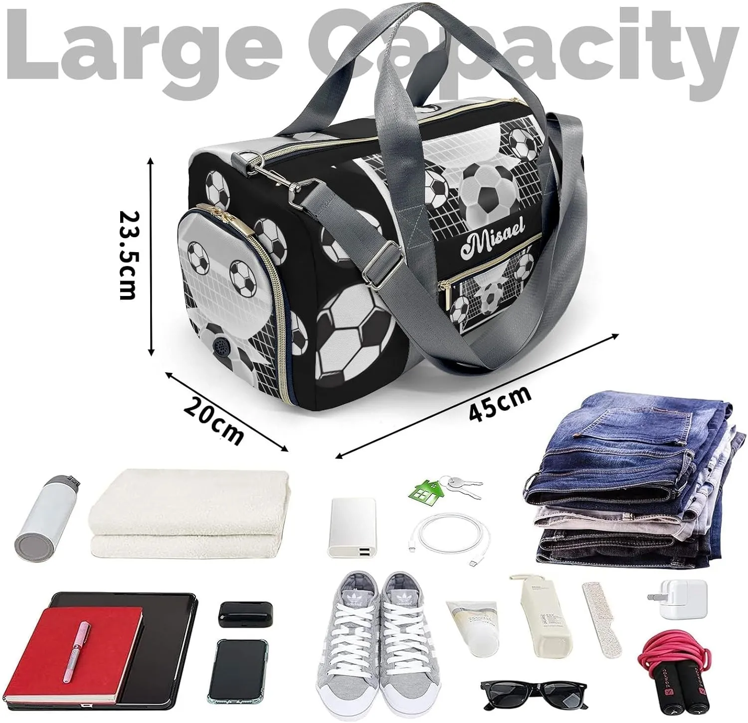 Custon Name Black Sports Soccer Balls Yoga Duffel Bag Sport Player Travel Bag,Sport Gym Bag Personalized Gift for Women Men Travel Hand Bag Carry on Bag
