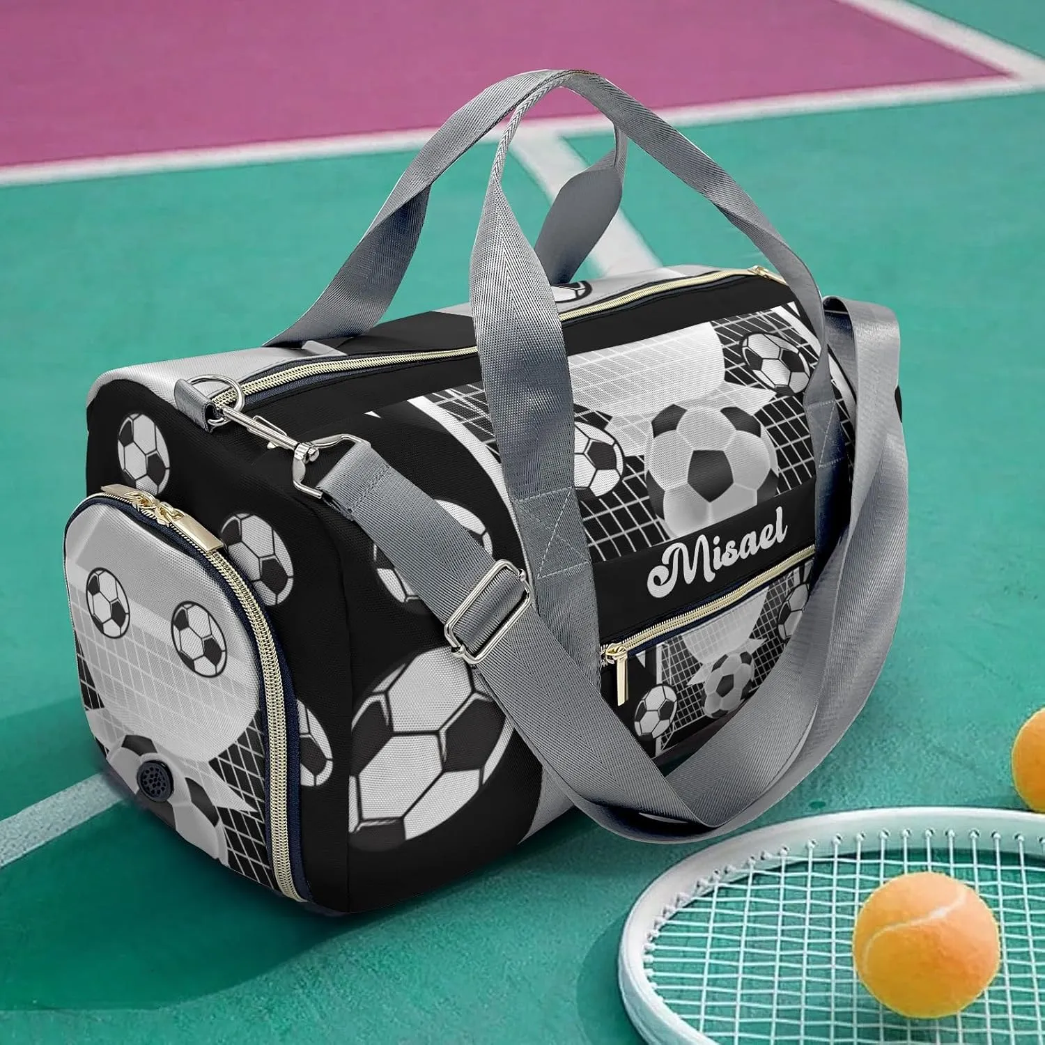 Custon Name Black Sports Soccer Balls Yoga Duffel Bag Sport Player Travel Bag,Sport Gym Bag Personalized Gift for Women Men Travel Hand Bag Carry on Bag
