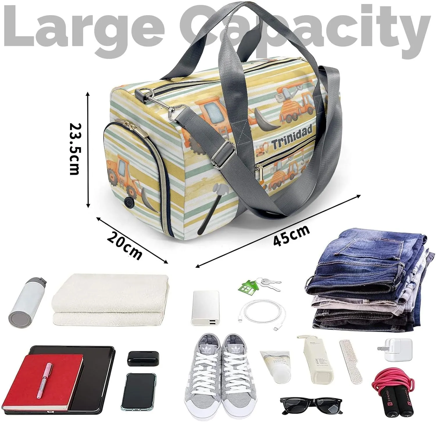 Custon Name Bulldozer Excavator Crane Trucks Gym Sport Duffel Bag Sport Player Travel Bag,Sport Gym Bag Personalized Gift for Travel Hand Bag Carry on Bag
