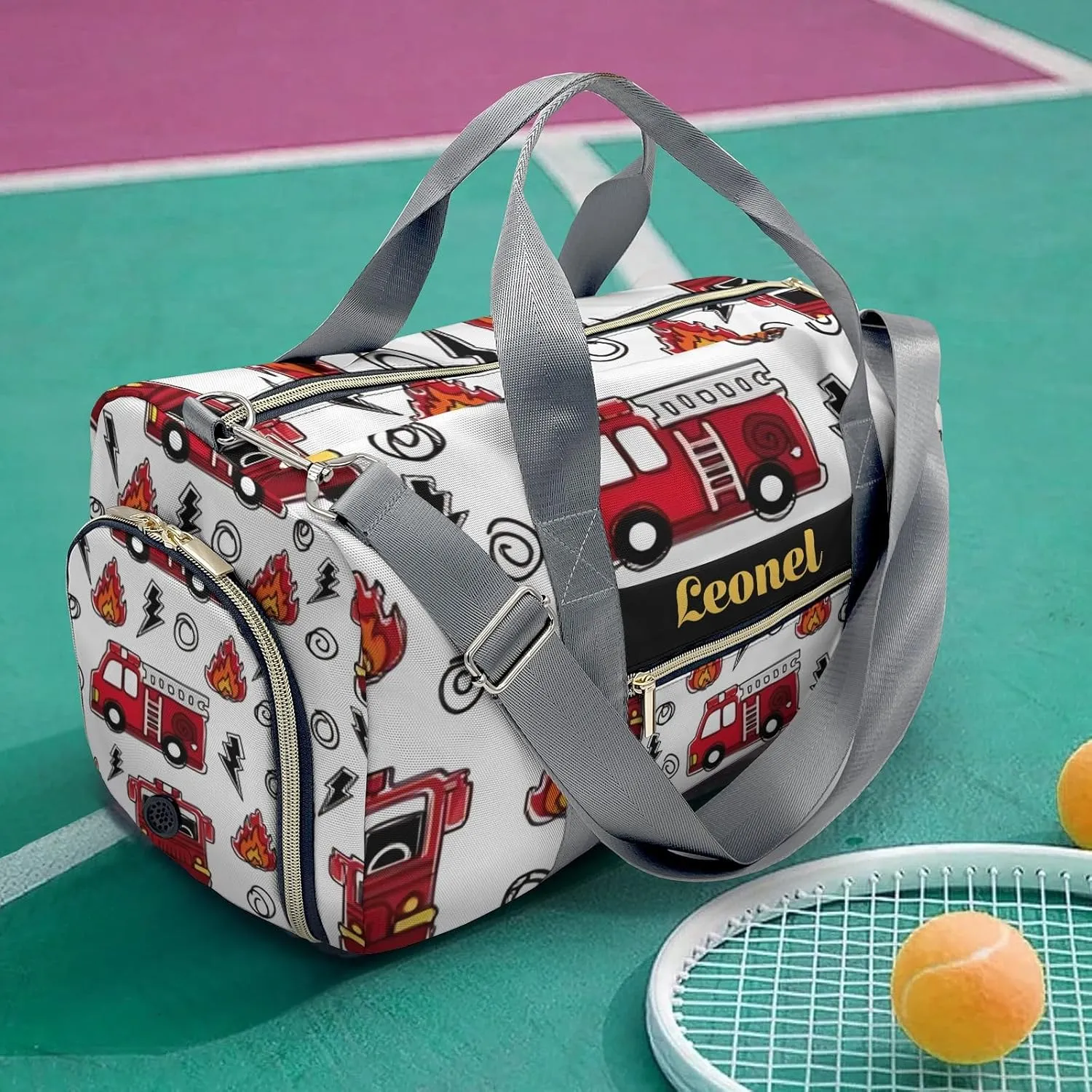 Custon Name Fire Truck Car Cartoon Gym Sport Duffel Bag Sport Player Travel Bag,Personalized Gift for Travel Hand Bag Carry on Bag