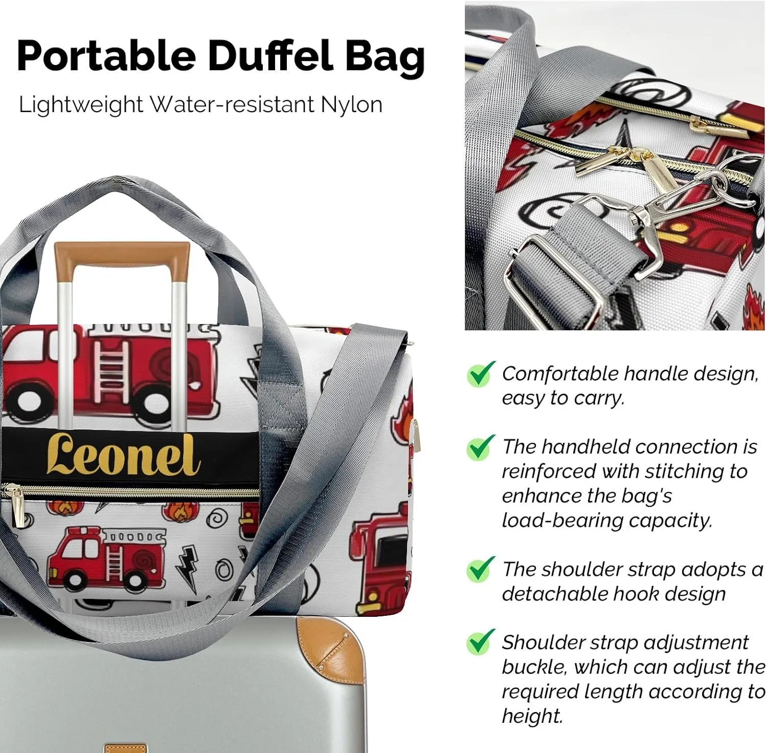 Custon Name Fire Truck Car Cartoon Gym Sport Duffel Bag Sport Player Travel Bag,Personalized Gift for Travel Hand Bag Carry on Bag