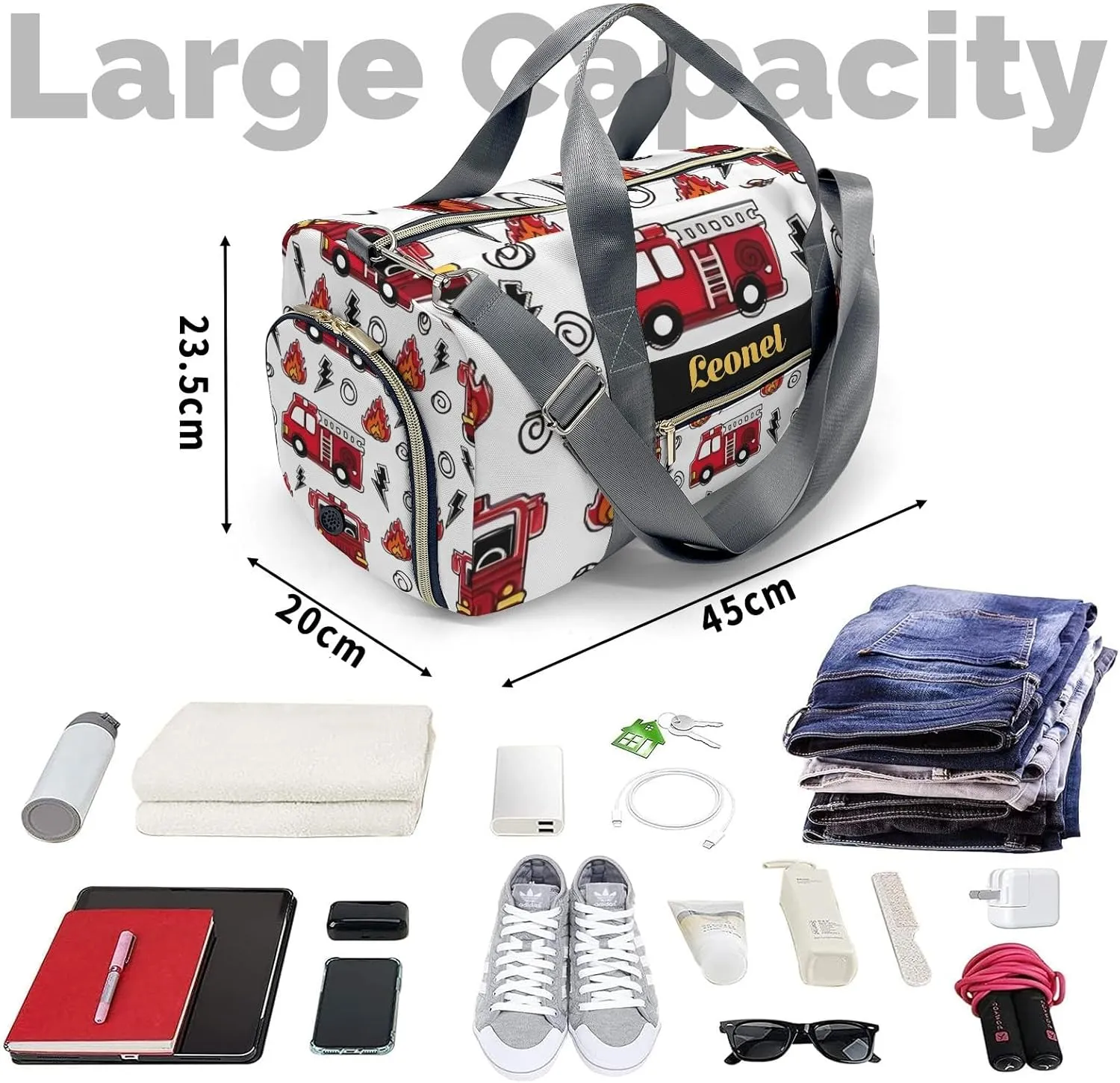Custon Name Fire Truck Car Cartoon Gym Sport Duffel Bag Sport Player Travel Bag,Personalized Gift for Travel Hand Bag Carry on Bag