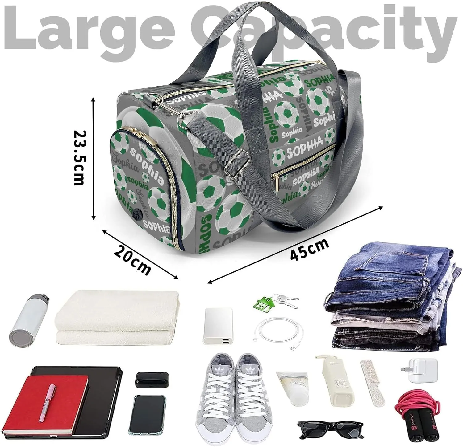 Custon Name Green Soccer Text Gary Gym Sport Duffel Bag Sport Player Travel Bag,Sport Gym Bag Personalized Gift for Travel Hand Bag Carry on Bag
