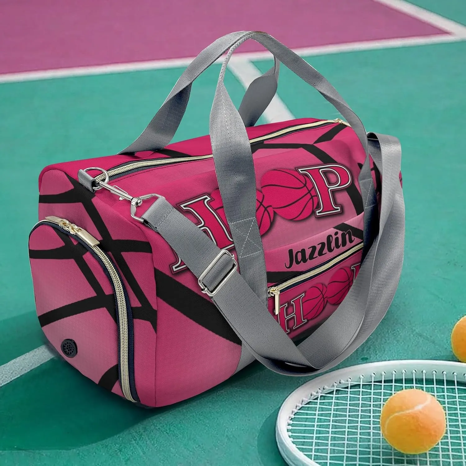 Custon Name Hoop it Basketball Deep Pink Gym Sport Yoga Duffel Bag Sport Player Travel Bag,Sport Gym Bag Personalized Gift for Travel Hand Bag Carry on Bag