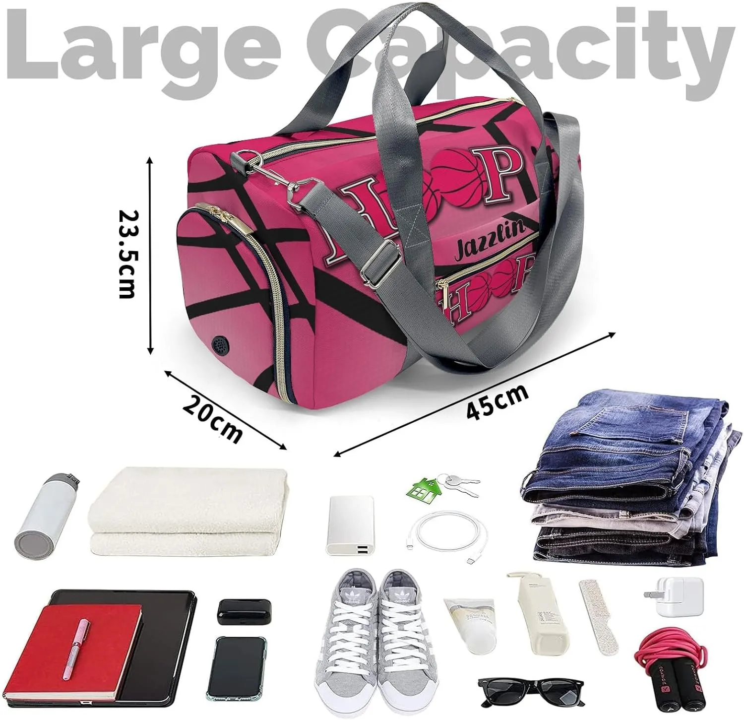 Custon Name Hoop it Basketball Deep Pink Gym Sport Yoga Duffel Bag Sport Player Travel Bag,Sport Gym Bag Personalized Gift for Travel Hand Bag Carry on Bag