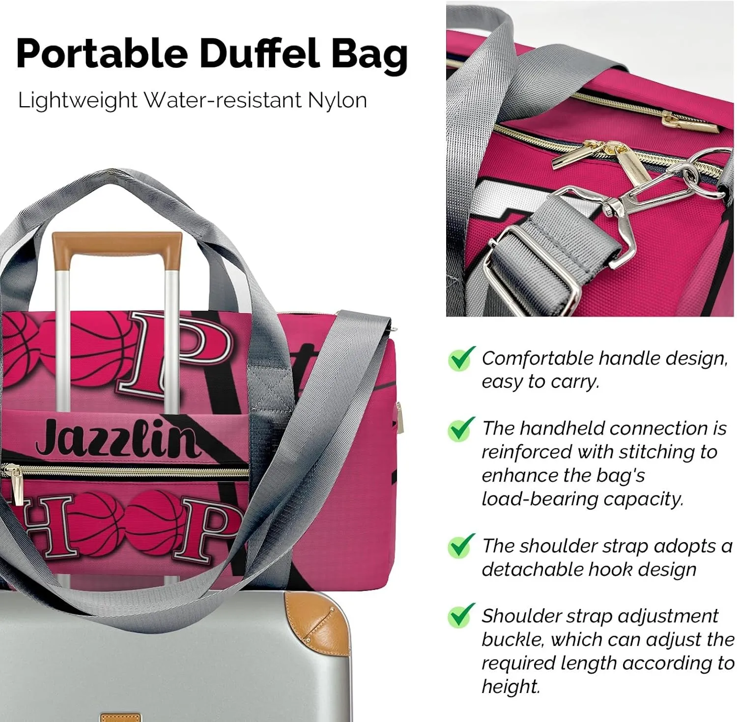 Custon Name Hoop it Basketball Deep Pink Gym Sport Yoga Duffel Bag Sport Player Travel Bag,Sport Gym Bag Personalized Gift for Travel Hand Bag Carry on Bag