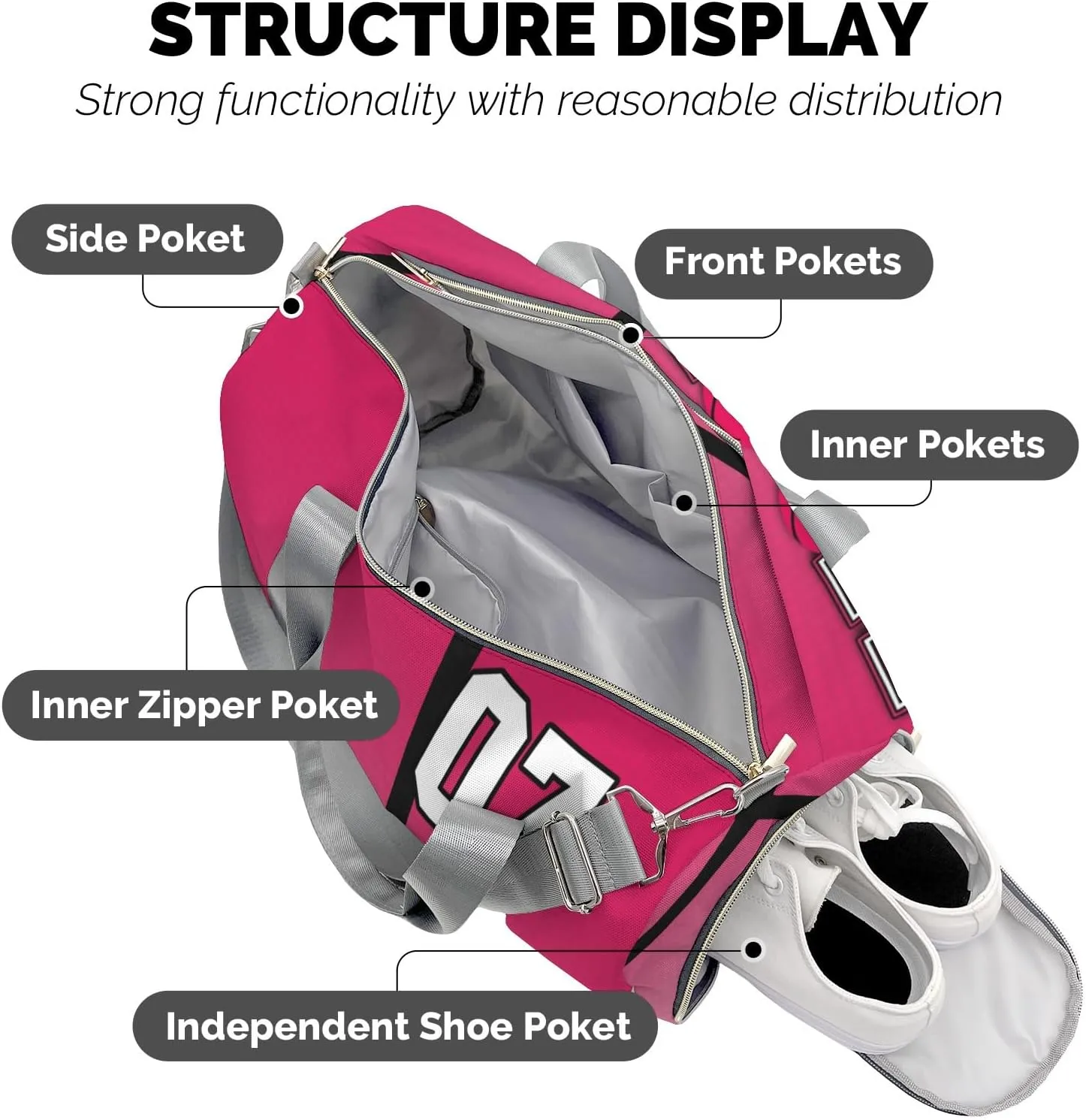 Custon Name Hoop it Basketball Deep Pink Gym Sport Yoga Duffel Bag Sport Player Travel Bag,Sport Gym Bag Personalized Gift for Travel Hand Bag Carry on Bag