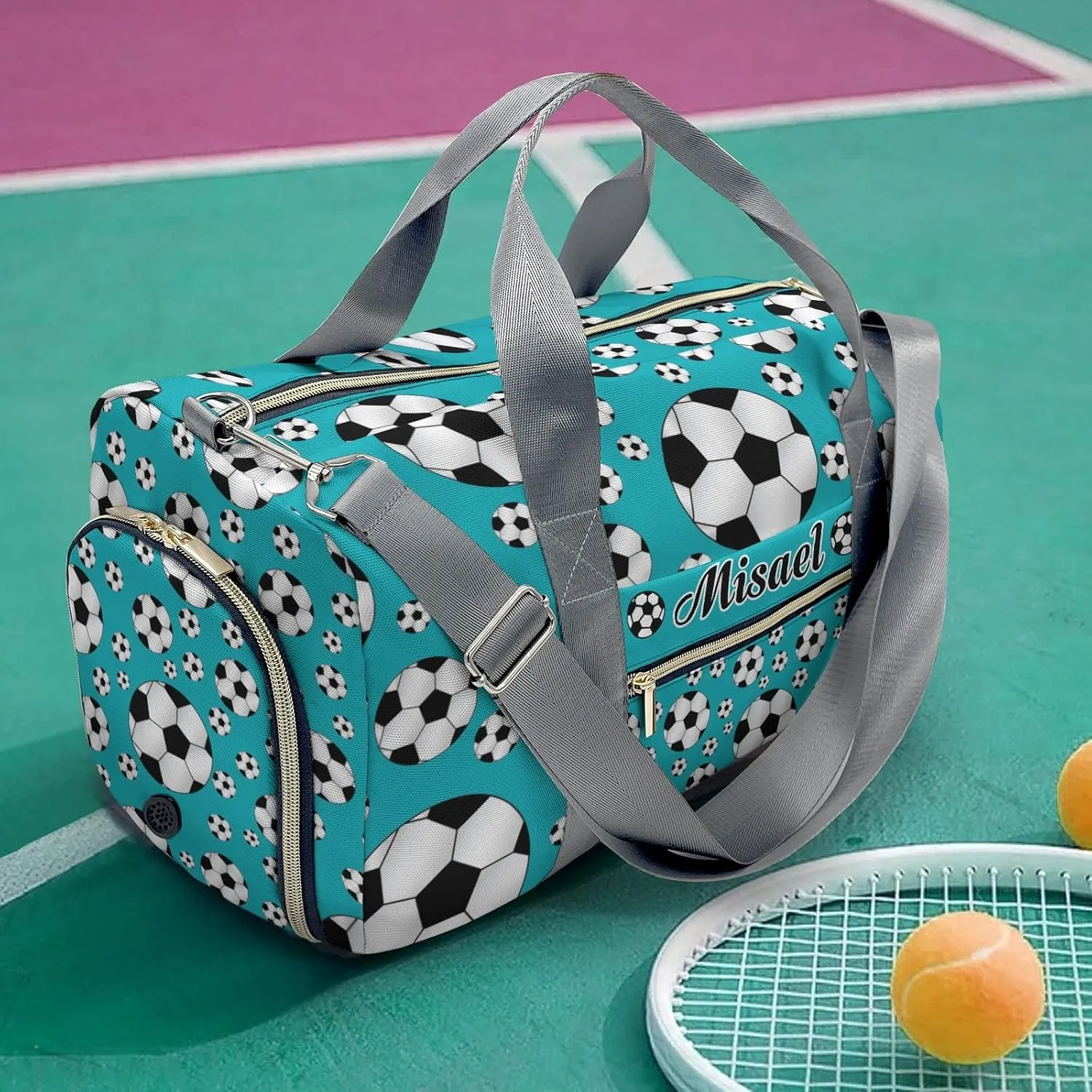 Custon Name Soccer Ball Player Blue Teal Gym Sport Yoga Duffel Bag Sport Travel Bag,Sport Gym Bag Personalized Gift for Travel Hand Bag Carry on Bag