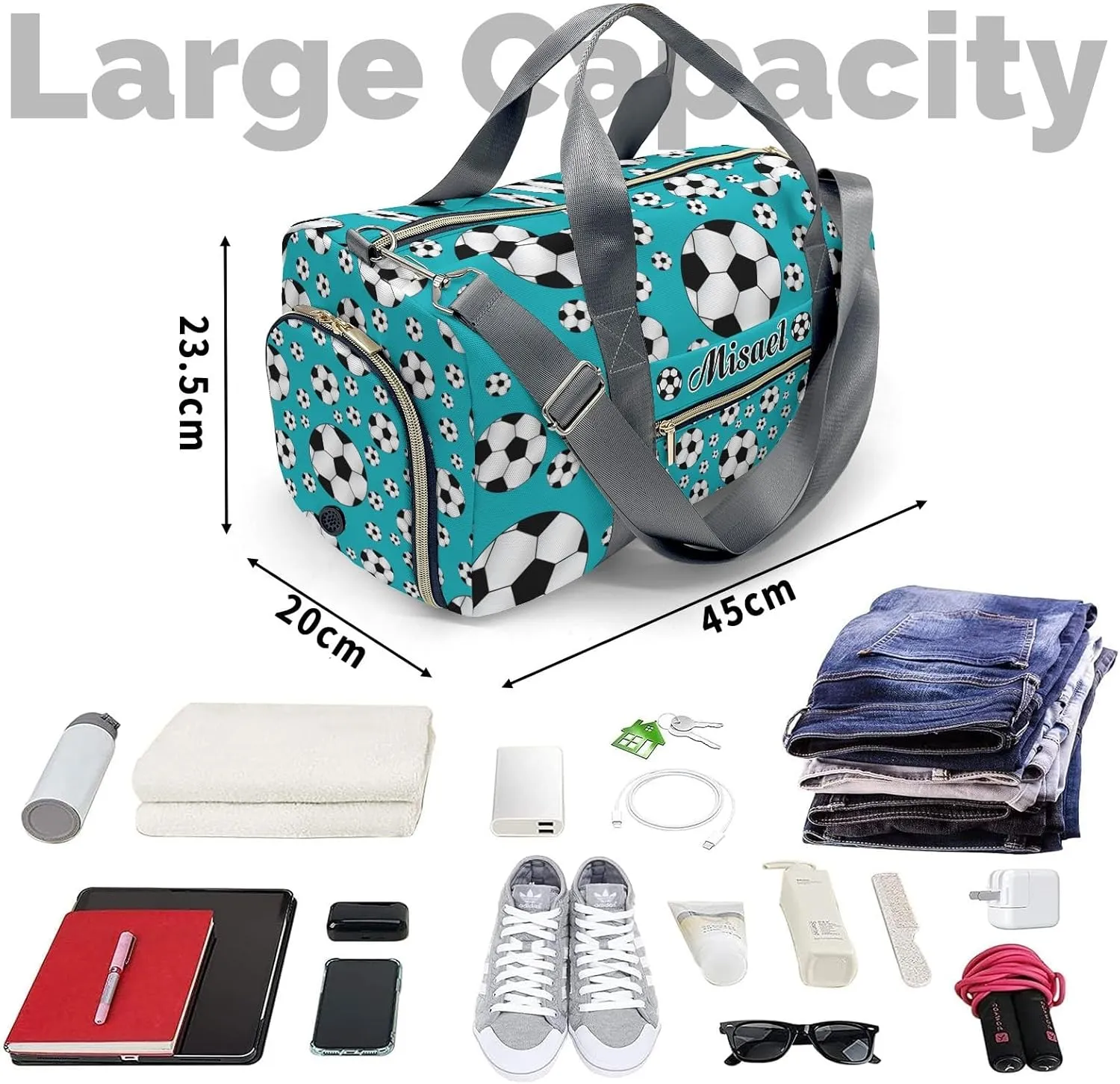 Custon Name Soccer Ball Player Blue Teal Gym Sport Yoga Duffel Bag Sport Travel Bag,Sport Gym Bag Personalized Gift for Travel Hand Bag Carry on Bag
