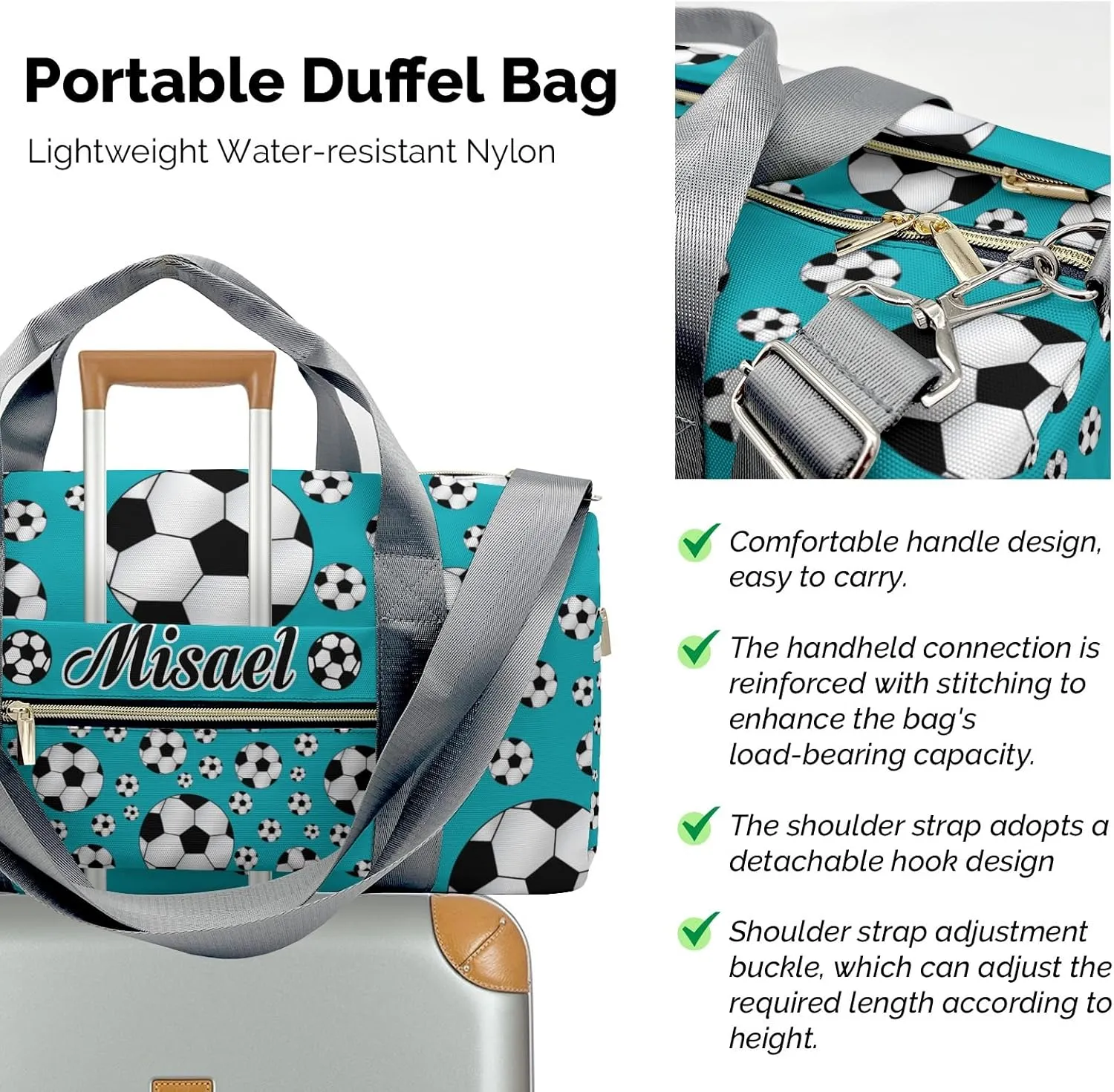 Custon Name Soccer Ball Player Blue Teal Gym Sport Yoga Duffel Bag Sport Travel Bag,Sport Gym Bag Personalized Gift for Travel Hand Bag Carry on Bag