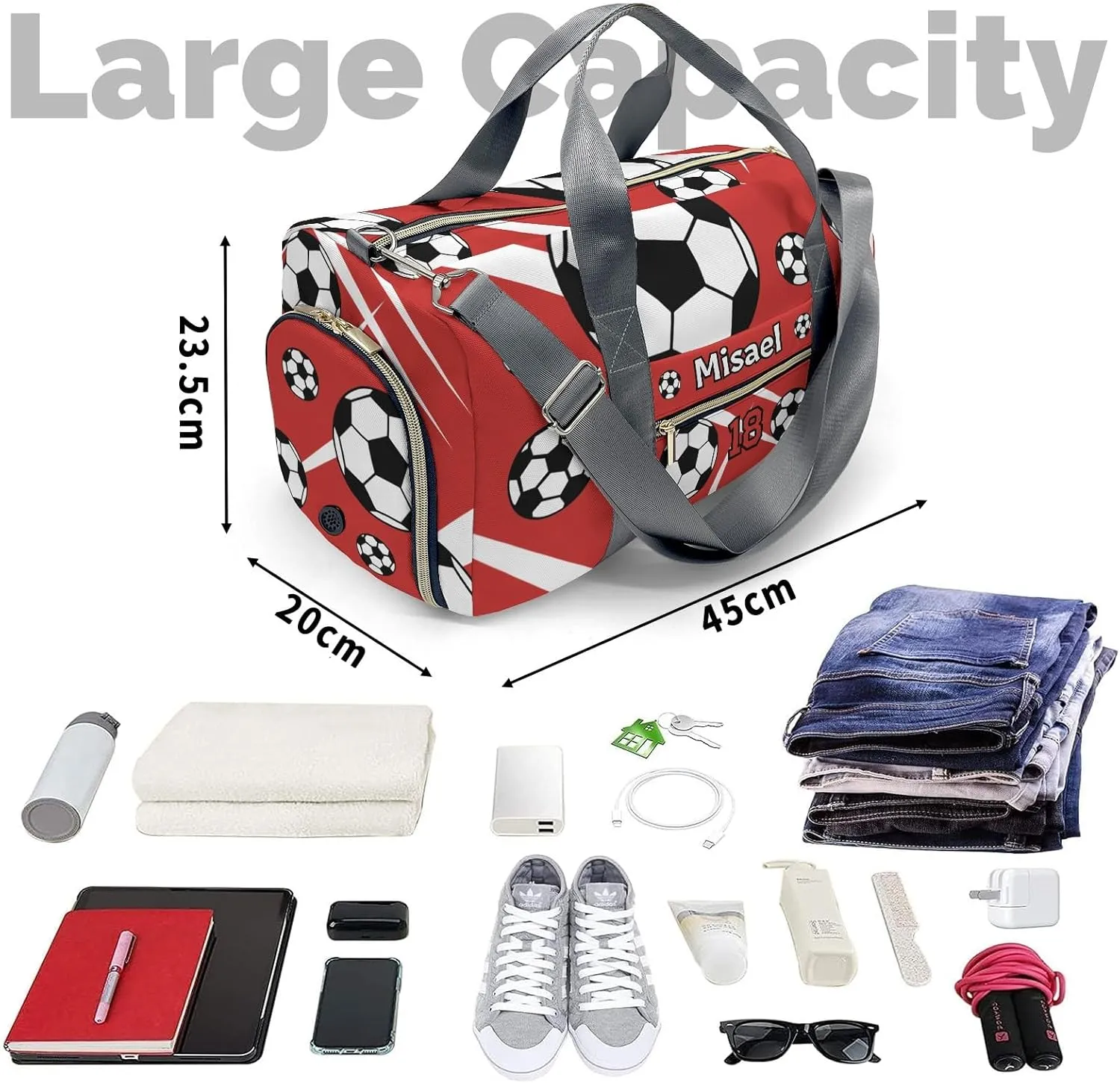 Custon Name Soccer Team Red Gym Sport Yoga Duffel Bag Sport Player Travel Bag,Sport Gym Bag Personalized Gift for Travel Hand Bag Carry on Bag