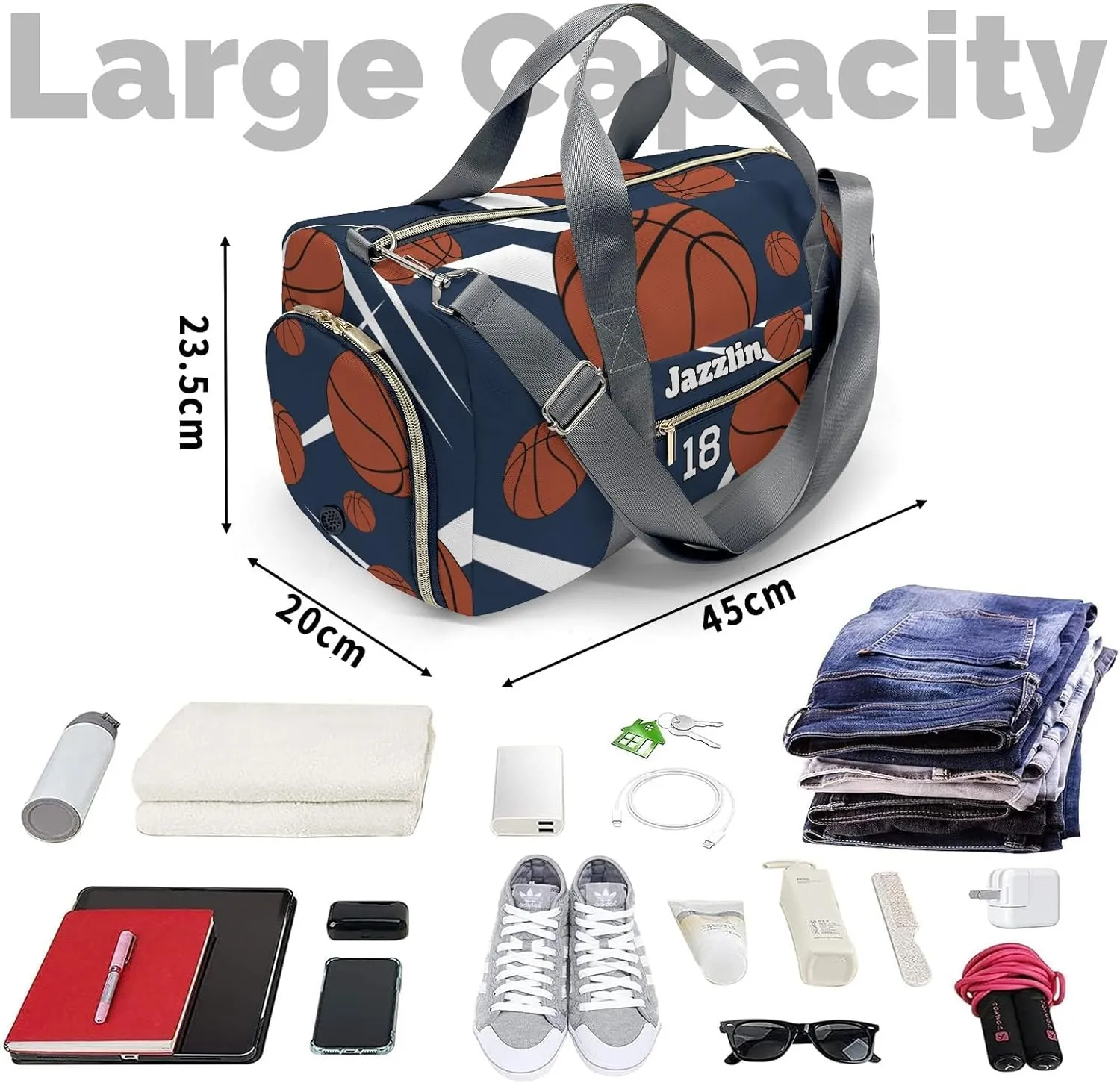 Custon Name Sport Basketball Navy Gym Sport Yoga Duffel Bag Sport Player Travel Bag,Sport Gym Bag Personalized Gift for Travel Hand Bag Carry on Bag
