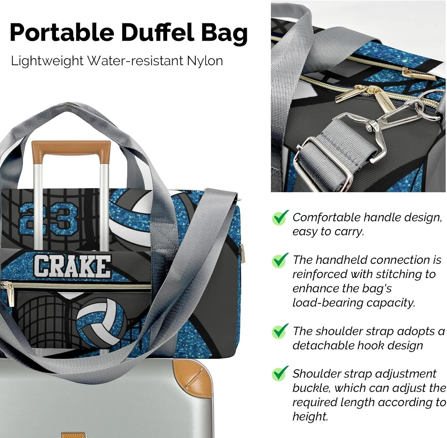 Custon Name Volleyball Glitter Blue Gym Sport Yoga Duffel Bag Sport Player Travel Bag,Sport Gym Bag Personalized Gift for Travel Hand Bag Carry on Bag