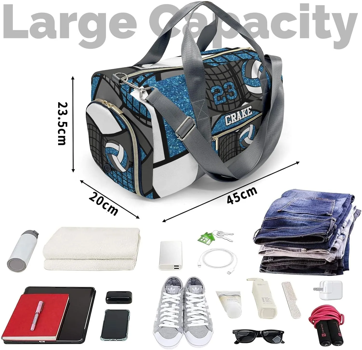 Custon Name Volleyball Glitter Blue Gym Sport Yoga Duffel Bag Sport Player Travel Bag,Sport Gym Bag Personalized Gift for Travel Hand Bag Carry on Bag