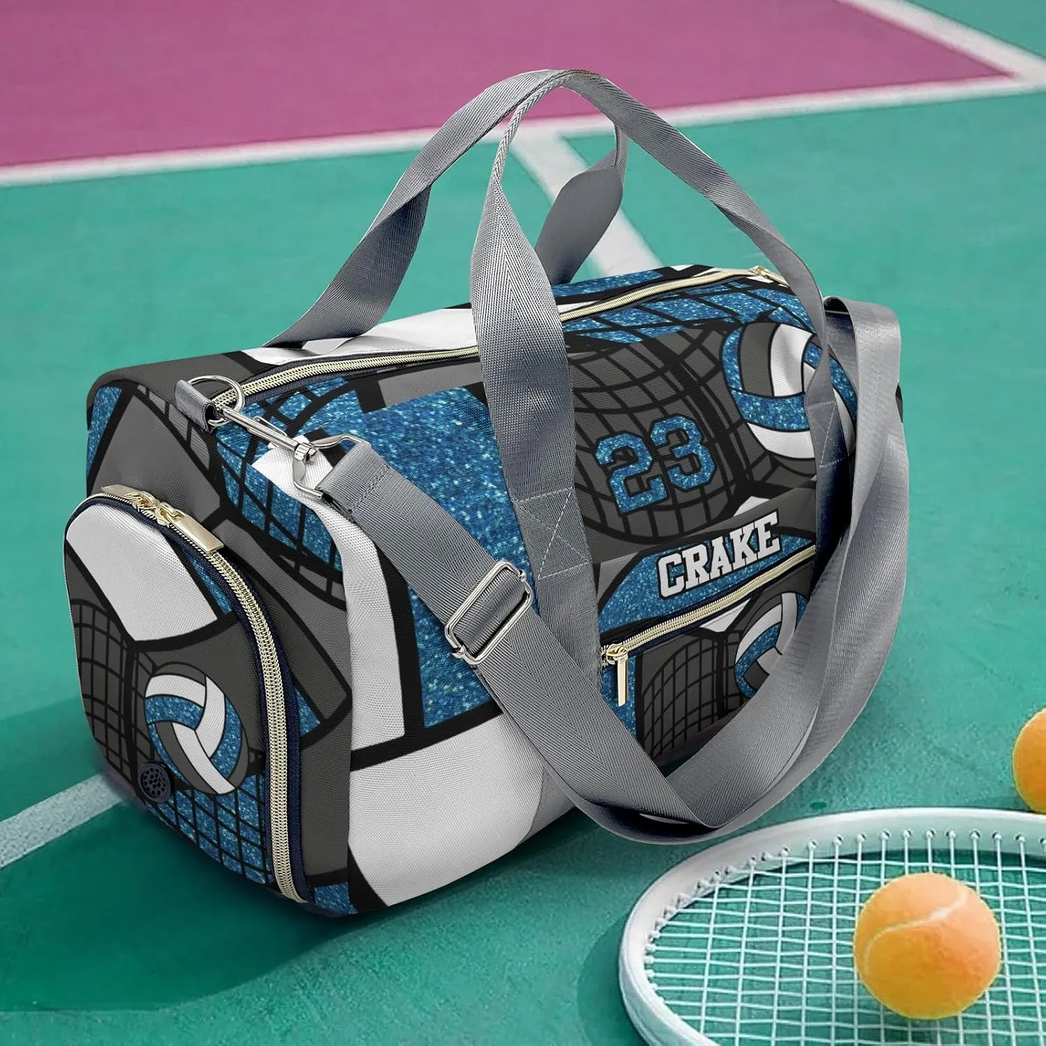 Custon Name Volleyball Glitter Blue Gym Sport Yoga Duffel Bag Sport Player Travel Bag,Sport Gym Bag Personalized Gift for Travel Hand Bag Carry on Bag