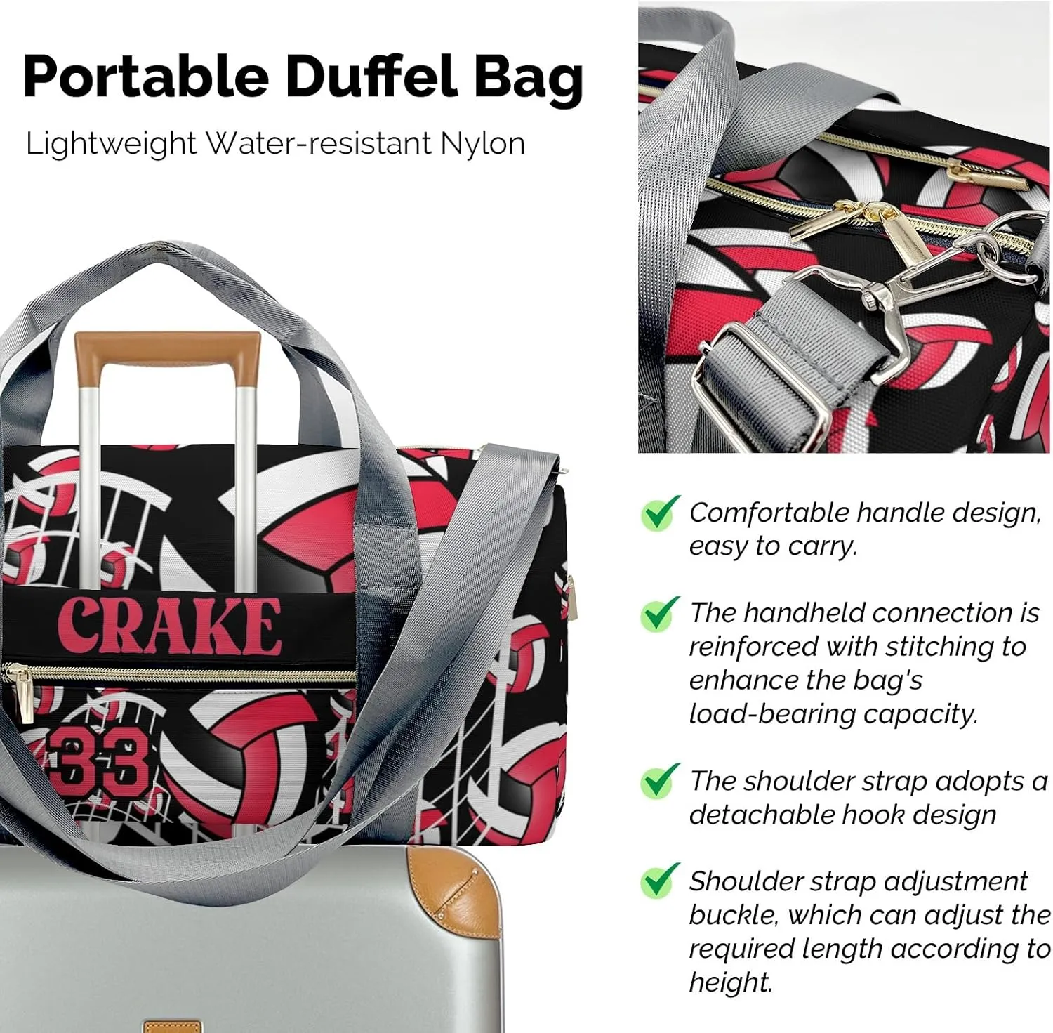Custon Name Volleyball Red Gym Sport Yoga Duffel Bag Sport Player Travel Bag,Sport Gym Bag Personalized Gift for Travel Hand Bag Carry on Bag