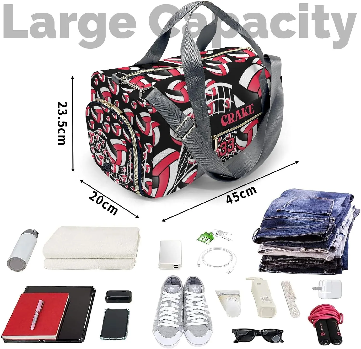 Custon Name Volleyball Red Gym Sport Yoga Duffel Bag Sport Player Travel Bag,Sport Gym Bag Personalized Gift for Travel Hand Bag Carry on Bag