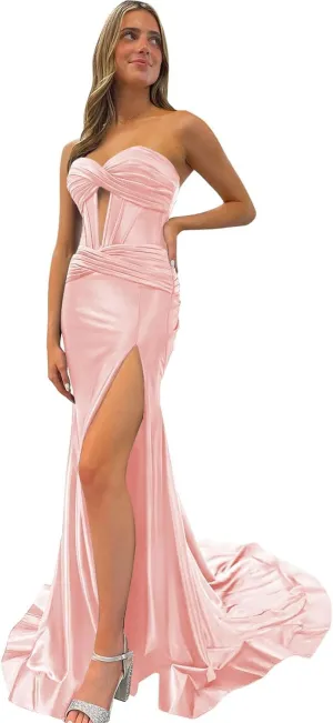Dessiny Strapless Sweetheart Prom Dresses Long for Women 2024 with Slit Ruched Satin Formal Evening Gown for Party DE109