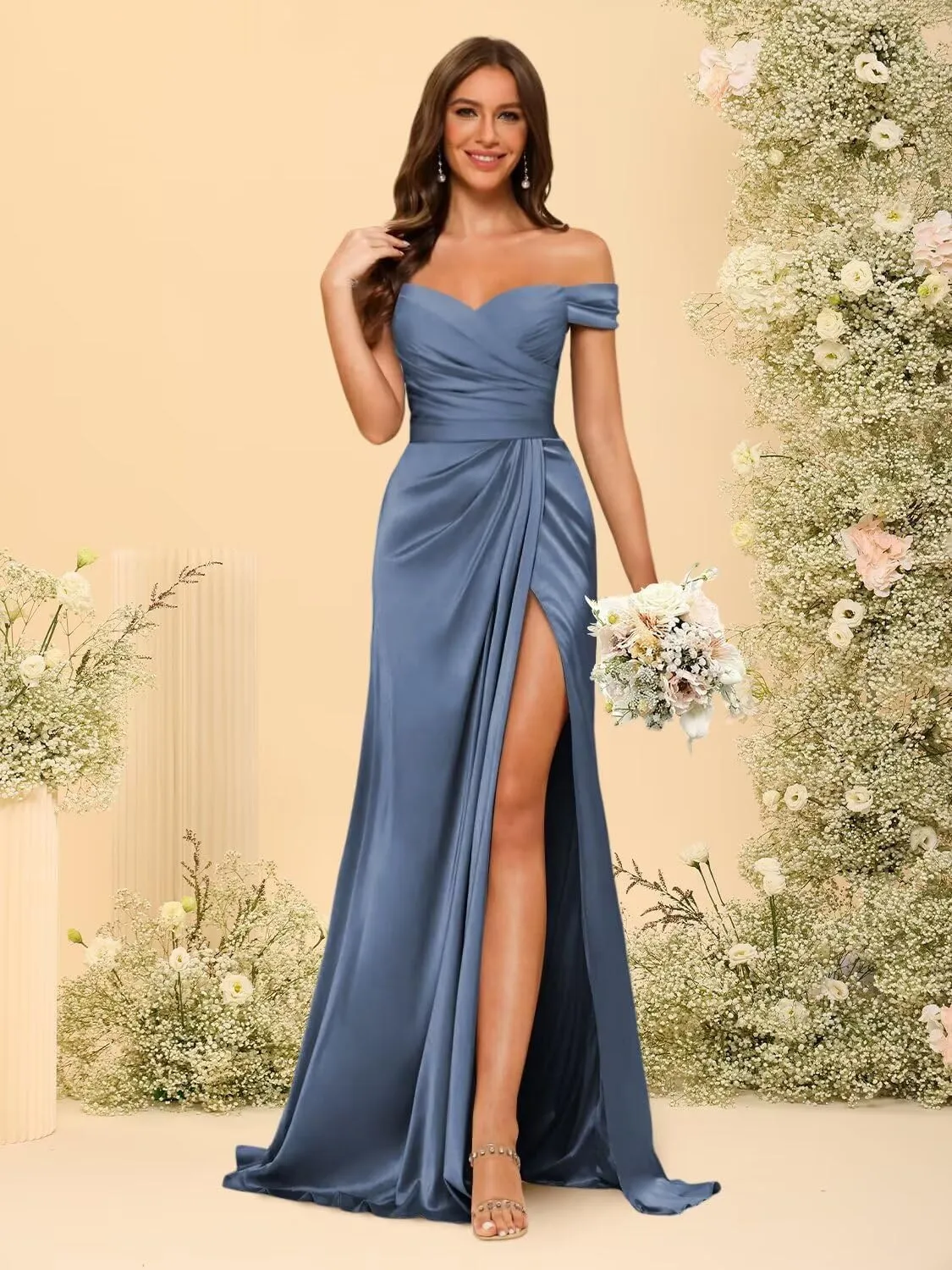 Dessiny Women's Off Shoulder Mermaid Bridesmaid Dresses 2025 with Slit Long Ruched Satin Prom Dresses DE201
