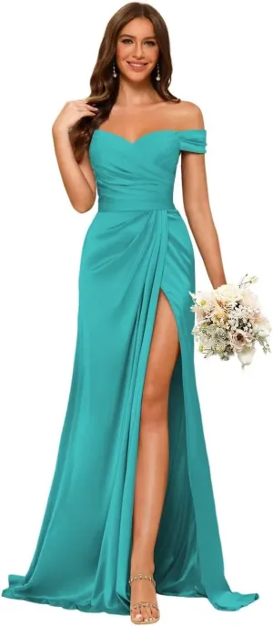Dessiny Women's Off Shoulder Mermaid Bridesmaid Dresses 2025 with Slit Long Ruched Satin Prom Dresses DE201