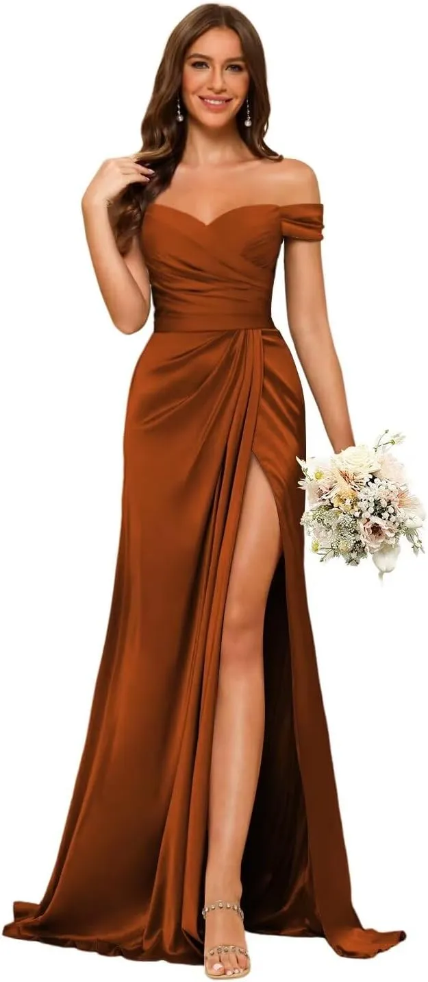 Dessiny Women's Off Shoulder Mermaid Bridesmaid Dresses 2025 with Slit Long Ruched Satin Prom Dresses DE201