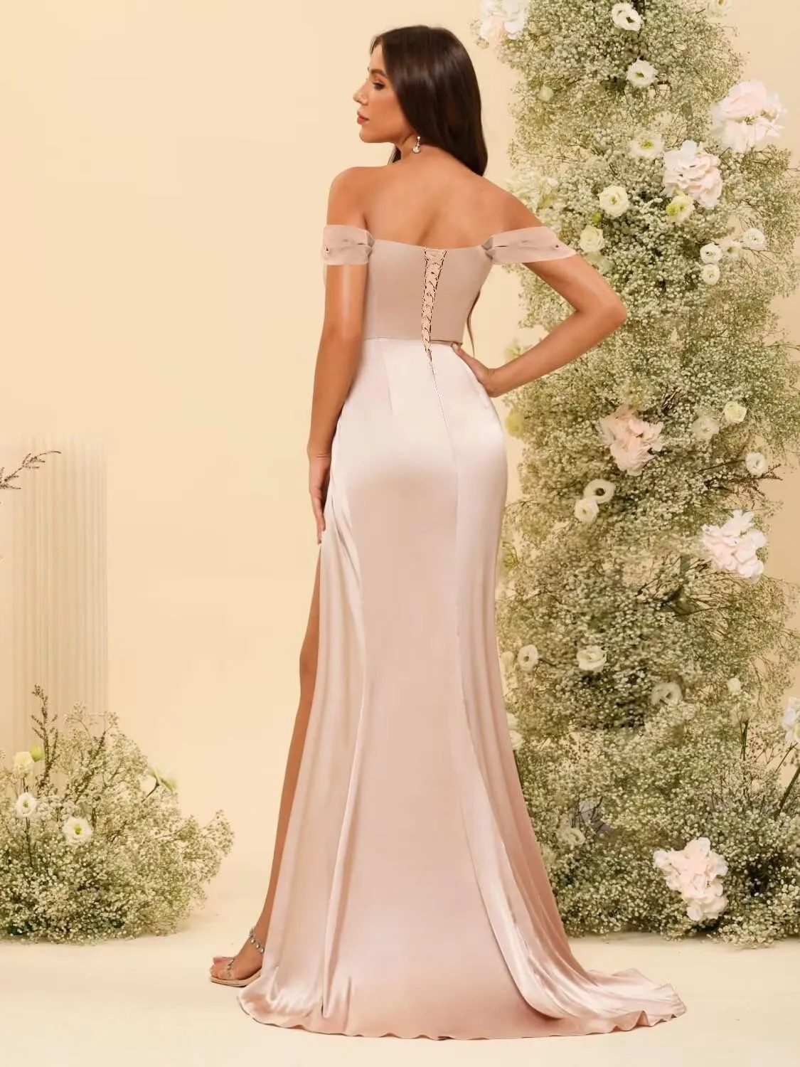 Dessiny Women's Off Shoulder Mermaid Bridesmaid Dresses 2025 with Slit Long Ruched Satin Prom Dresses DE201