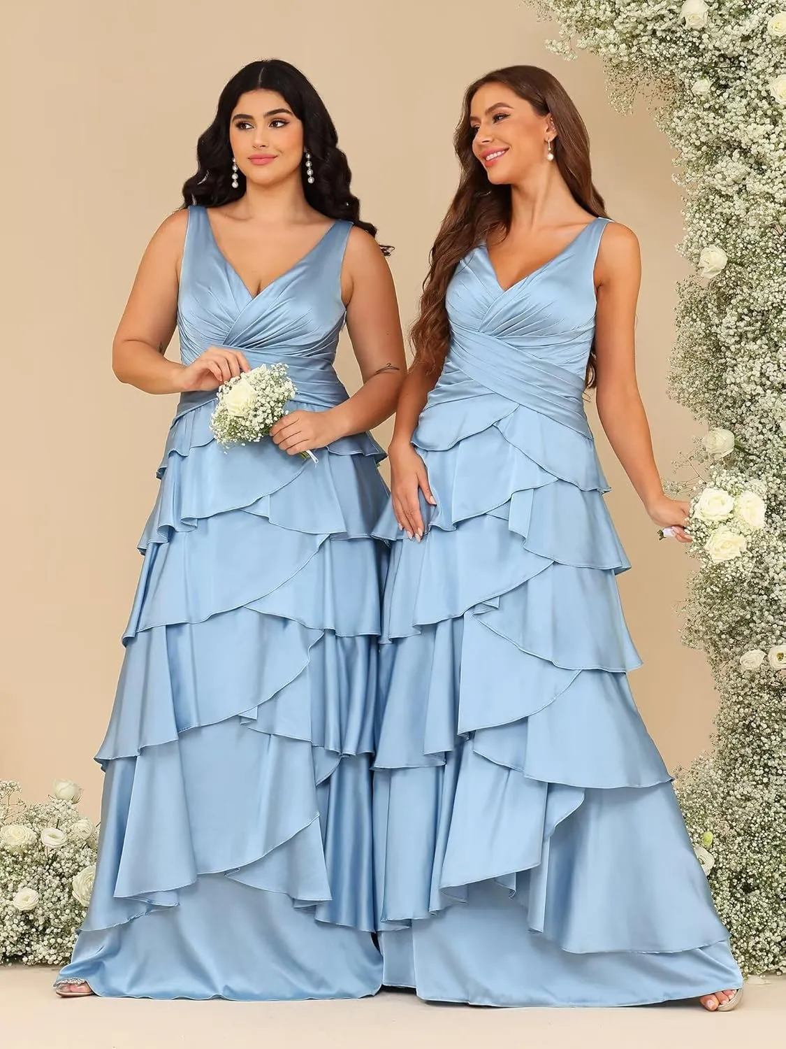 Dessiny Women's Ruffles Tiered Mermaid Bridesmaid Dresses 2025 V Neck Satin Formal Evening Dress Long DE266