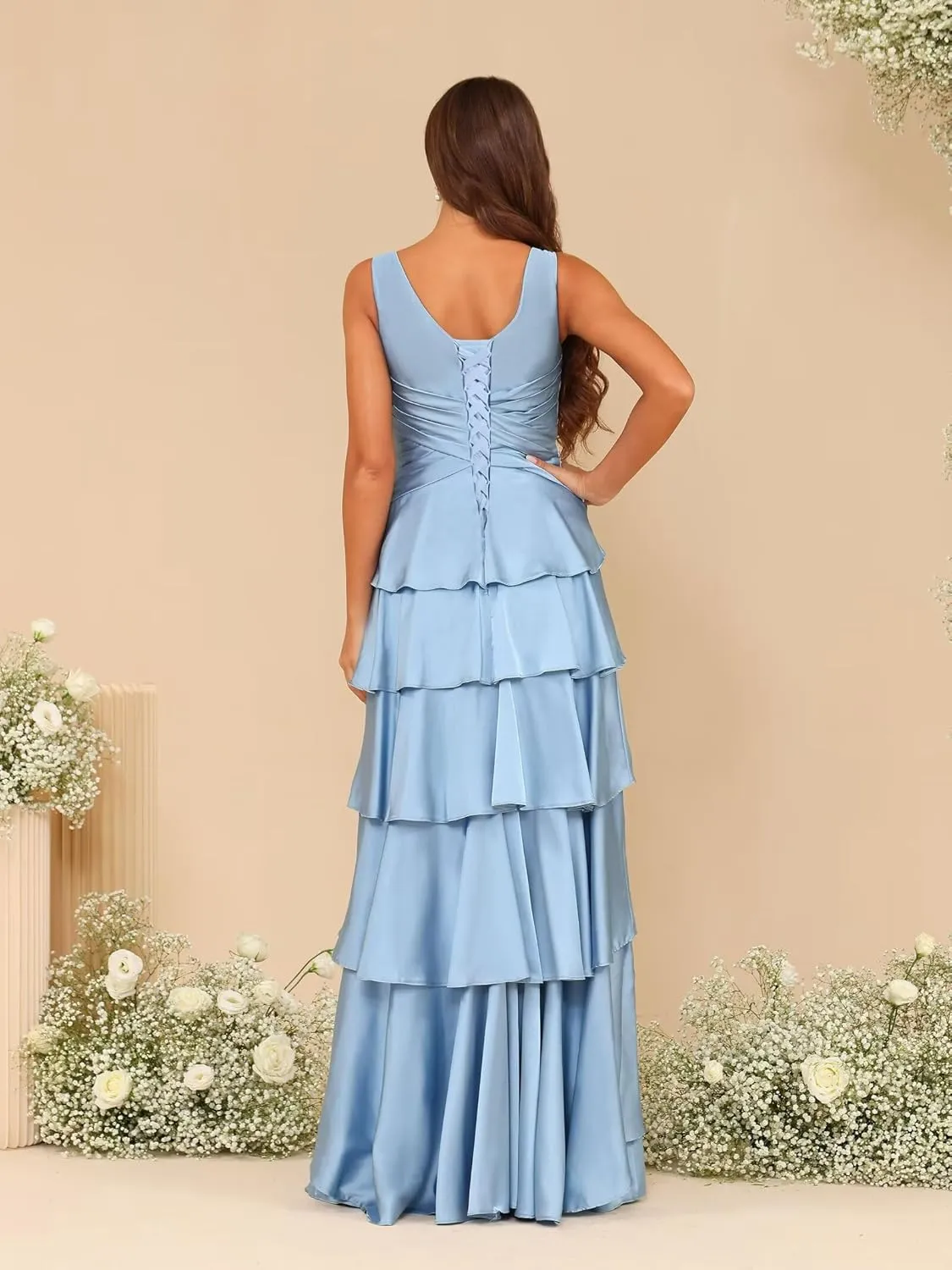 Dessiny Women's Ruffles Tiered Mermaid Bridesmaid Dresses 2025 V Neck Satin Formal Evening Dress Long DE266