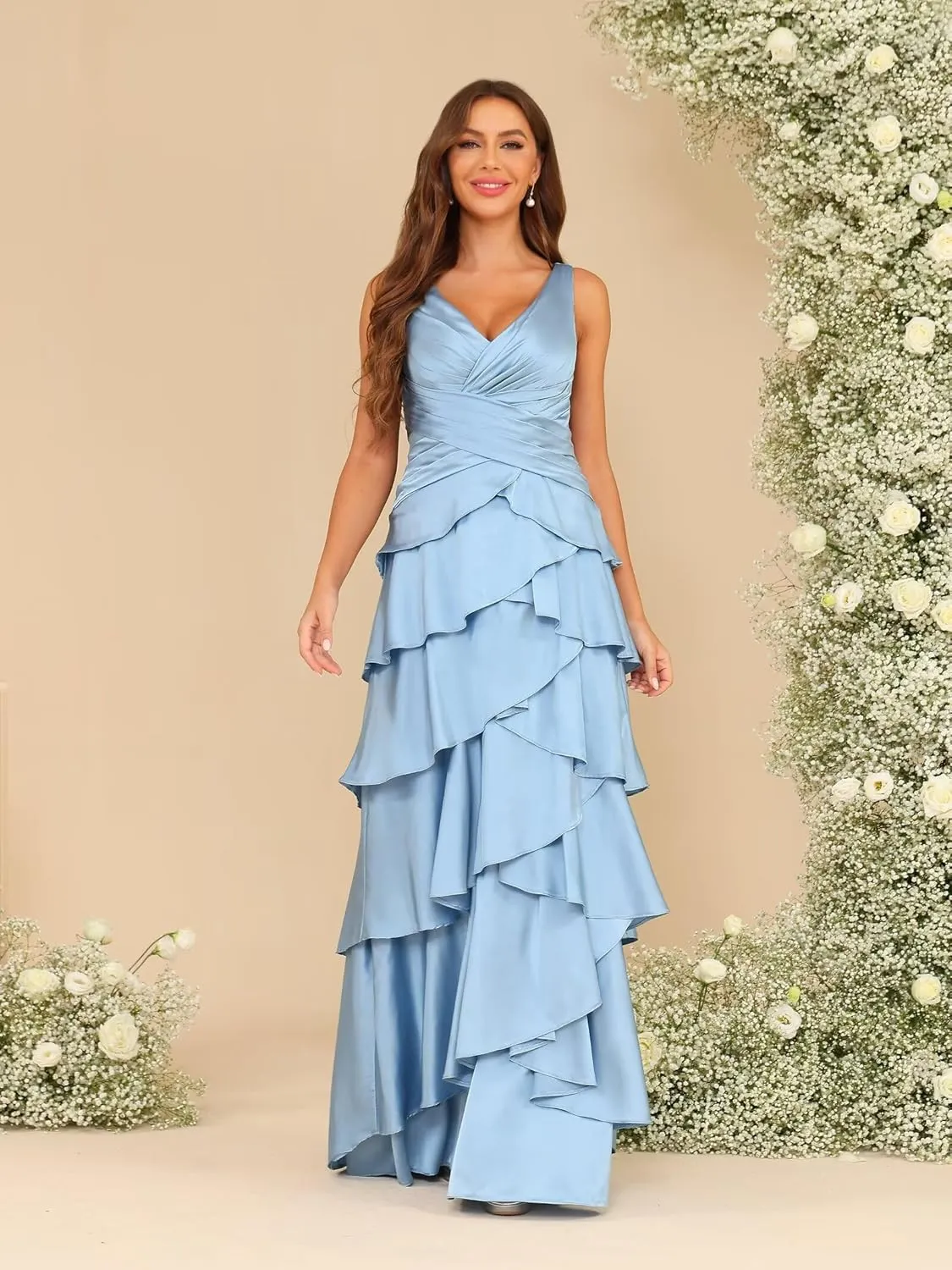 Dessiny Women's Ruffles Tiered Mermaid Bridesmaid Dresses 2025 V Neck Satin Formal Evening Dress Long DE266