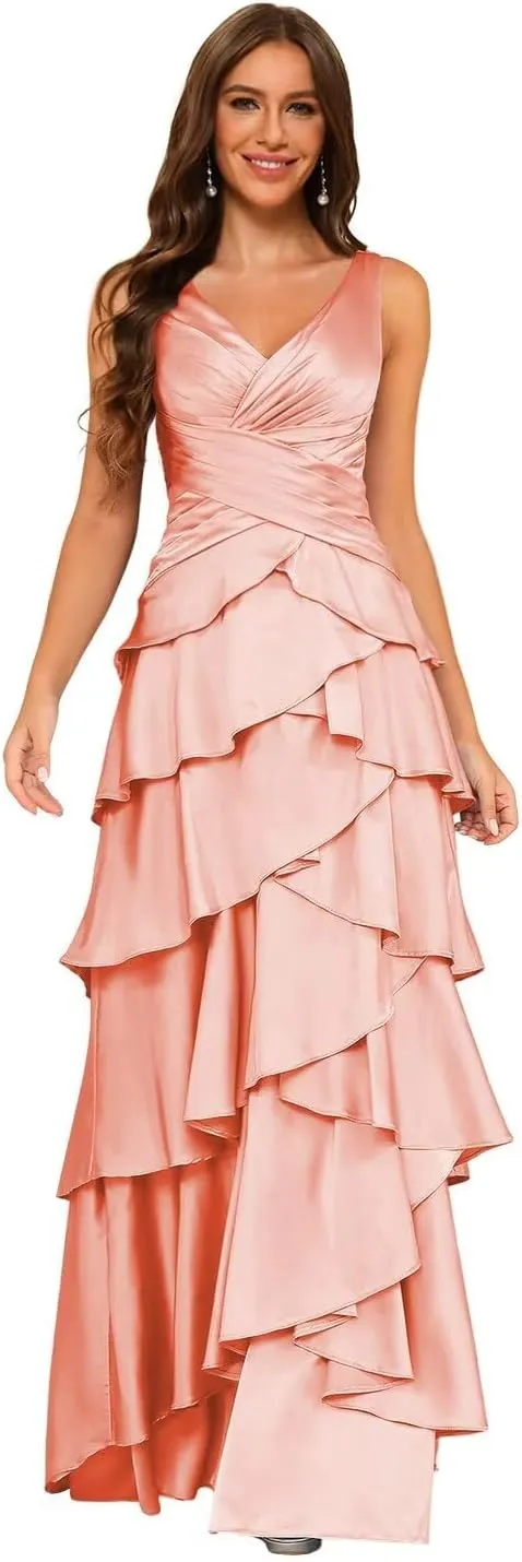 Dessiny Women's Ruffles Tiered Mermaid Bridesmaid Dresses 2025 V Neck Satin Formal Evening Dress Long DE266