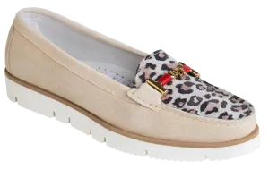 DI CHENZO Women's 1291 Light Beige Velour Red Bit and Glitter Animal Print Leather Loafer