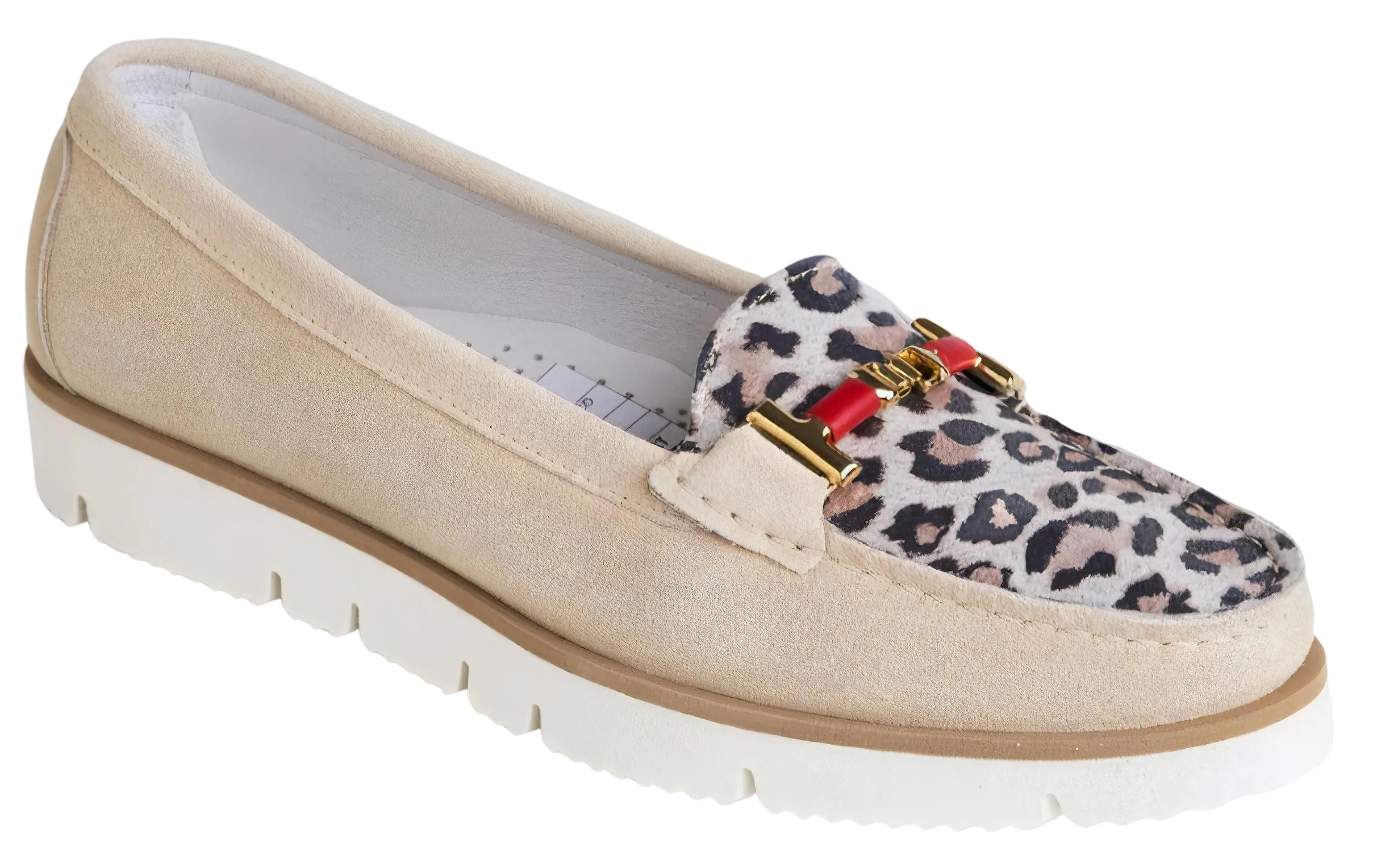 DI CHENZO Women's 1291 Light Beige Velour Red Bit and Glitter Animal Print Leather Loafer