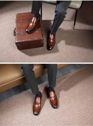 Dress Formal Shoes for Men Slip On Square Burnished Toe Genuine Leather Double Monk Strap Block Heel Slip Resistant Low Top Anti-Slip Rubber Sole