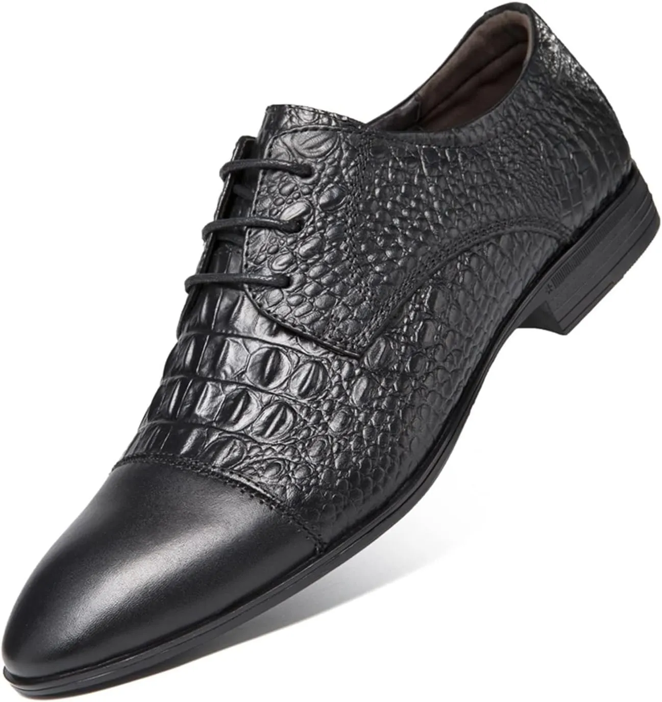 Dress Shoes for Men Lace Up Cap Toe Crocodile Embossed Derby Shoes Leather Rubber Sole Anti-Slip Non Slip Low Top Block Heel Prom (Color : Black, Size : 6)