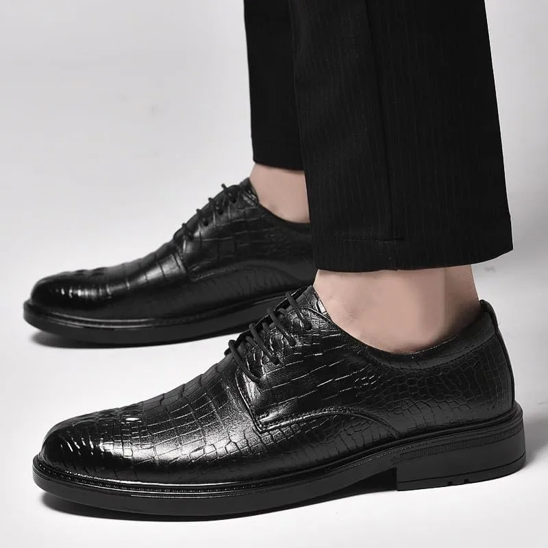 Dress Shoes for Men Lace Up Round Toe Leather Crocodile Print Prom Wedding Shoes Non Slip Block Heel Low Top Party