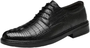 Dress Shoes for Men Lace Up Round Toe Leather Crocodile Print Prom Wedding Shoes Non Slip Block Heel Low Top Party