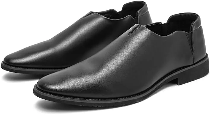 Dress Shoes for Men Slip On Pointed Toe Vegan Leather Solid Color Block Heel Rubber Sole Low Top Slip Resistant Working