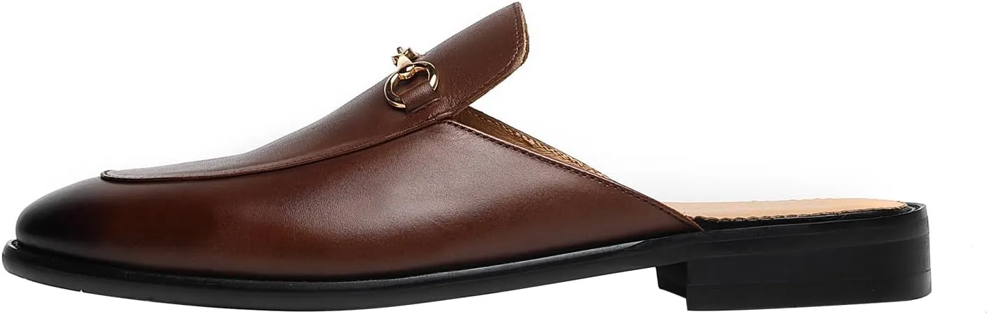 ELANROMAN Men's Loafers Backless Genuine Leather Mules Horse Buckle Shoes