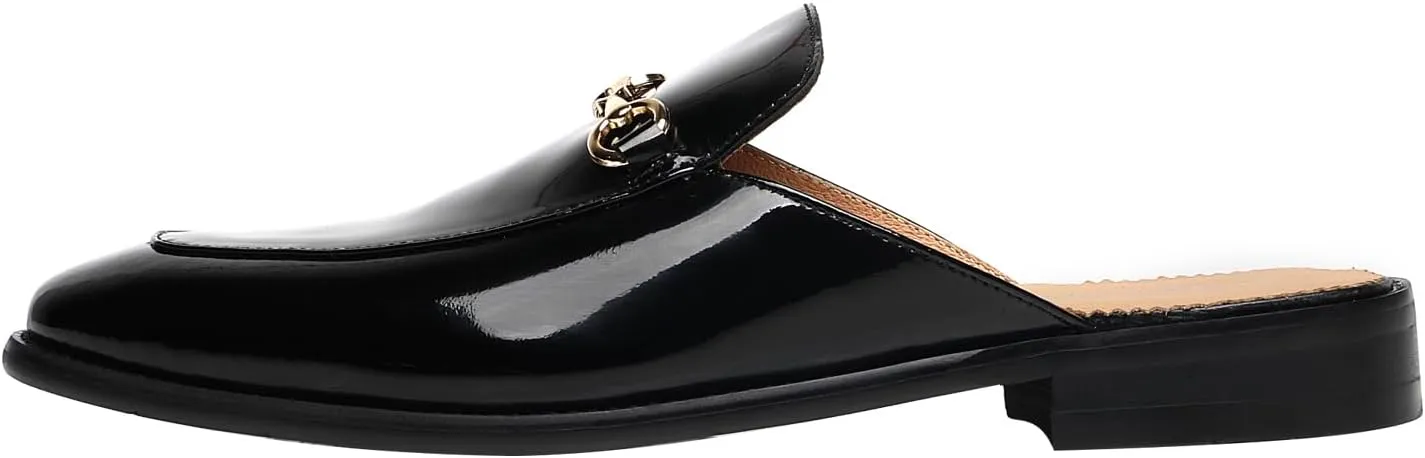 ELANROMAN Men's Loafers Backless Genuine Leather Mules Horse Buckle Shoes