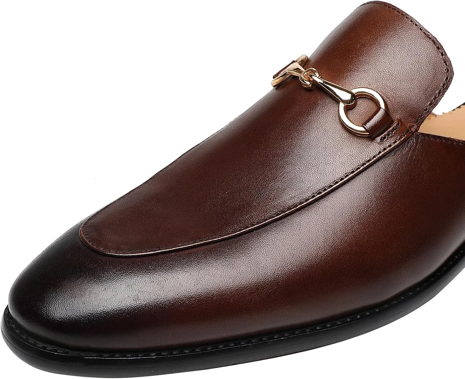 ELANROMAN Men's Loafers Backless Genuine Leather Mules Horse Buckle Shoes