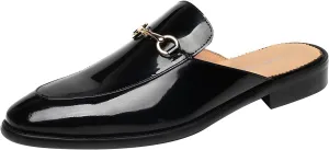 ELANROMAN Men's Loafers Backless Genuine Leather Mules Horse Buckle Shoes