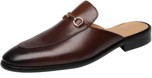 ELANROMAN Men's Loafers Backless Genuine Leather Mules Horse Buckle Shoes