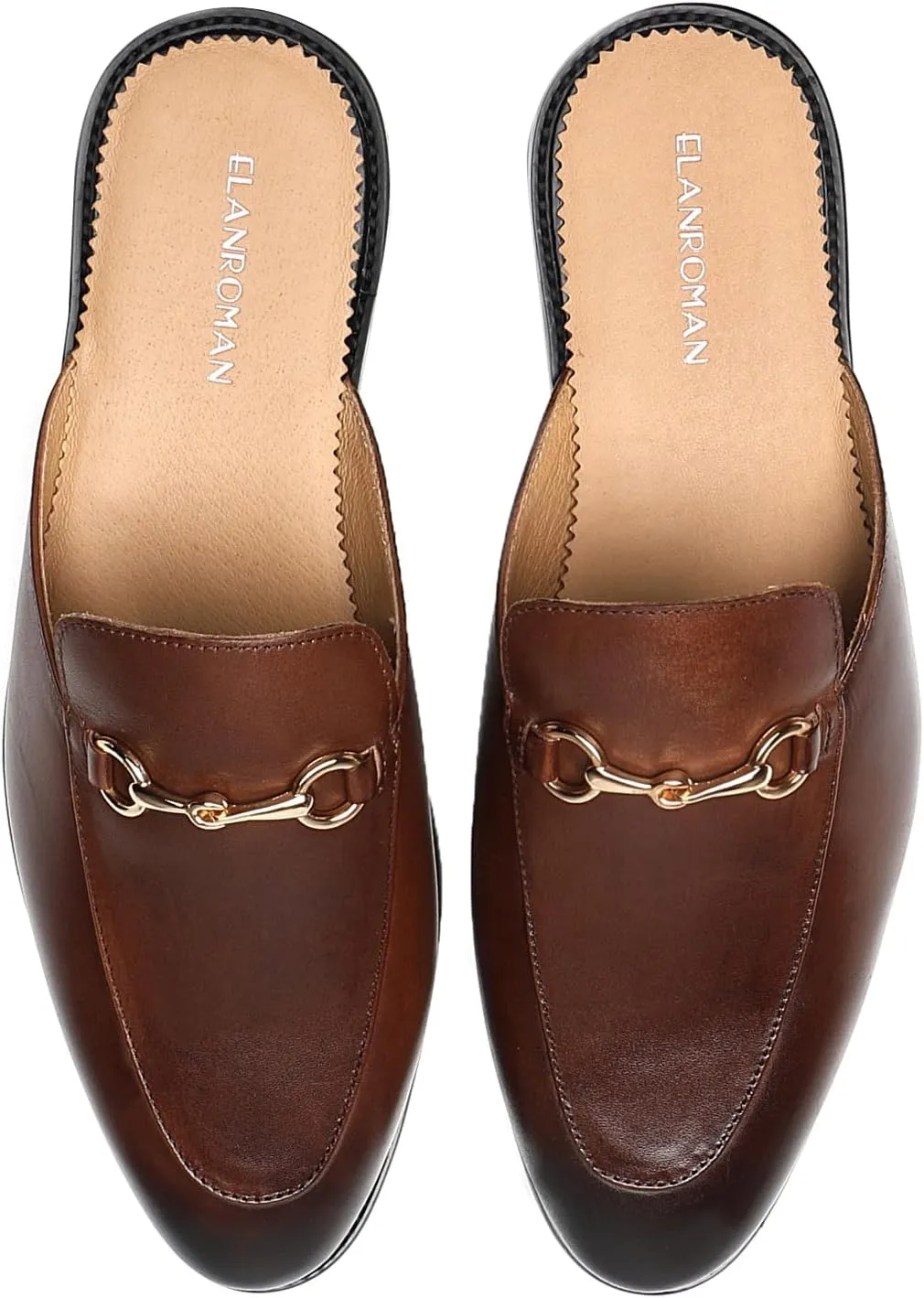 ELANROMAN Men's Loafers Backless Genuine Leather Mules Horse Buckle Shoes