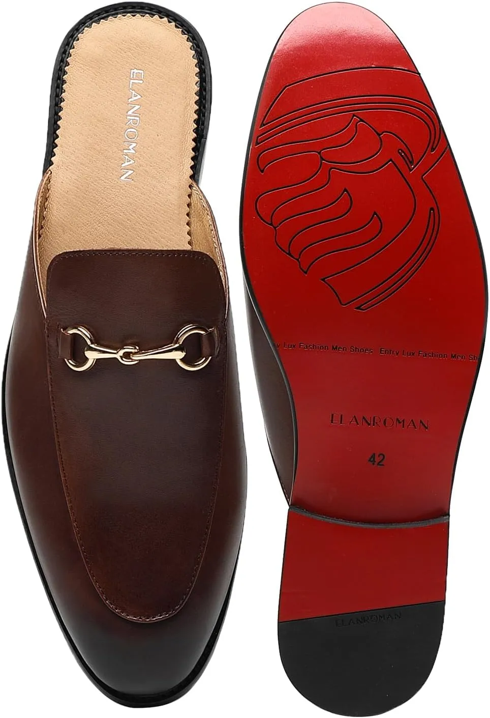 ELANROMAN Men's Loafers Backless Genuine Leather Mules Horse Buckle Shoes